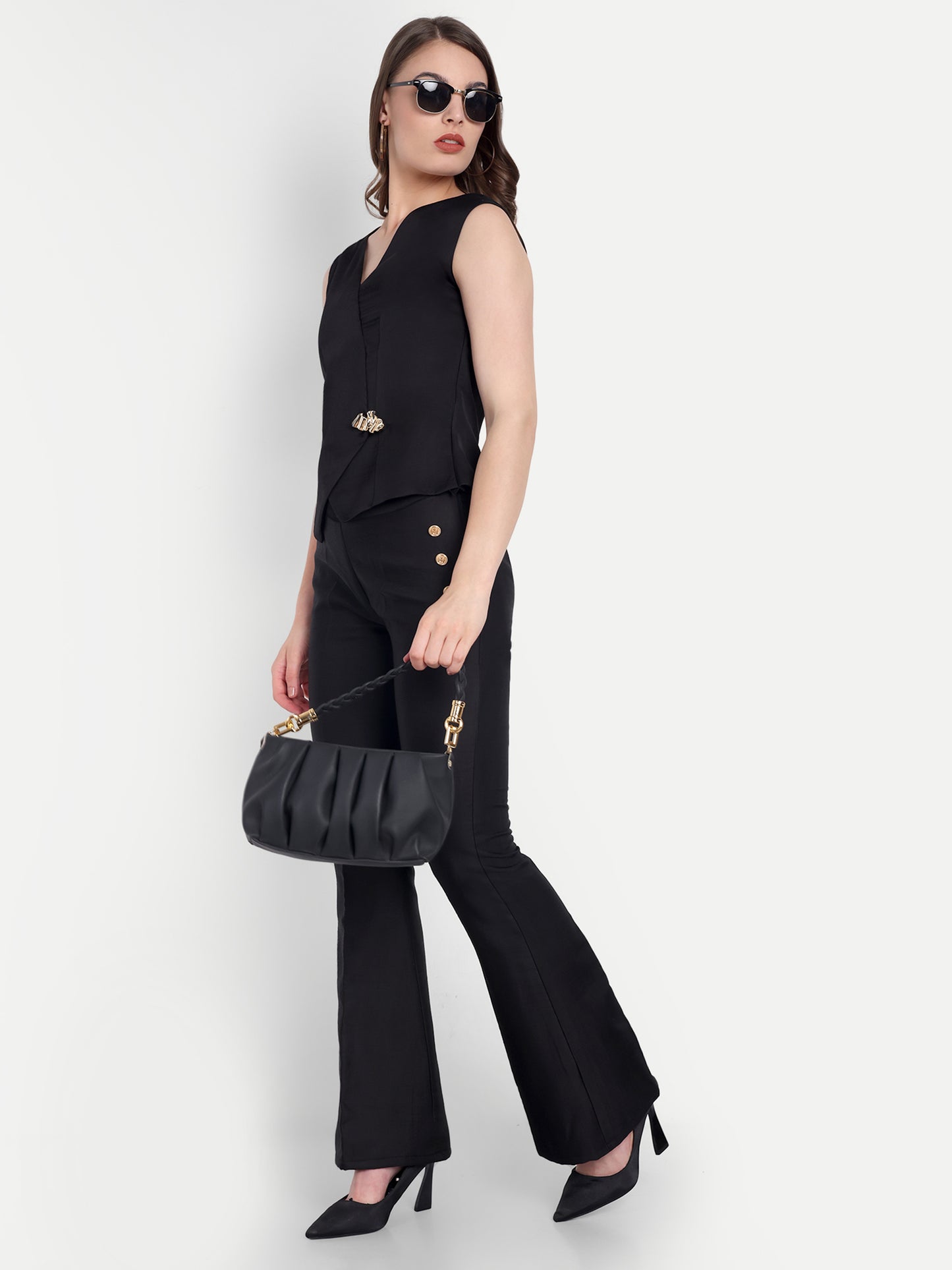 Black linen waist coat with gold applique EWTP0066-BLKGA