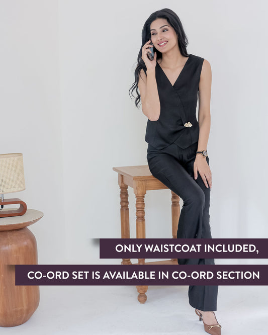 Black linen waist coat with gold applique EWTP0066-BLKGA