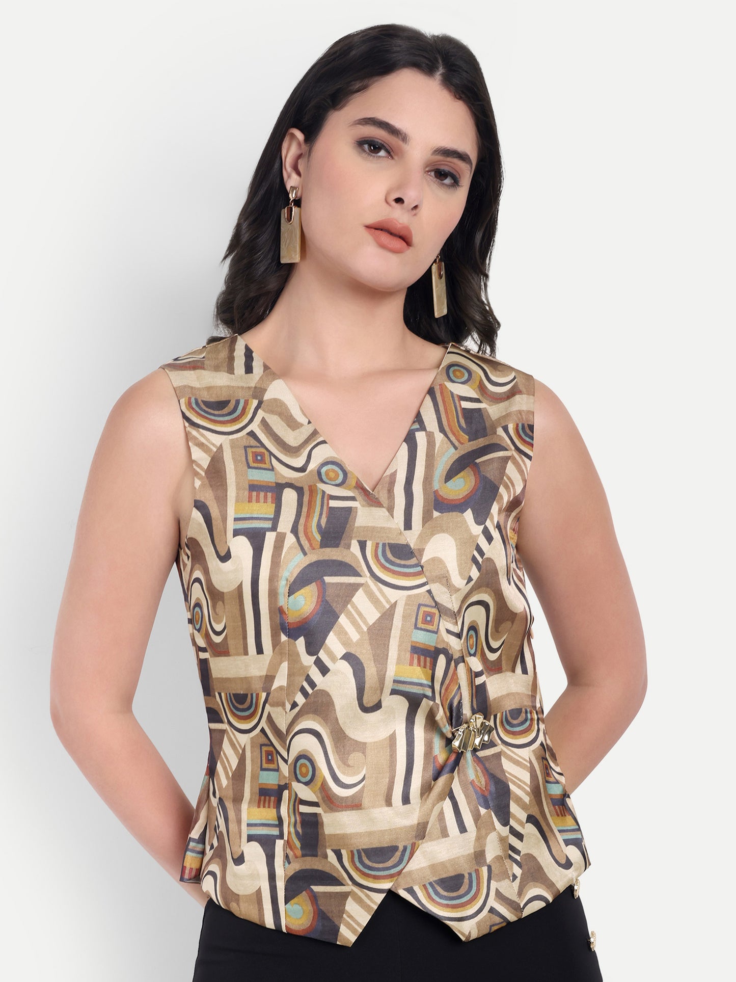 Tusser printed abstract waistcoat with gold applique top EWTP0045-BRNTS