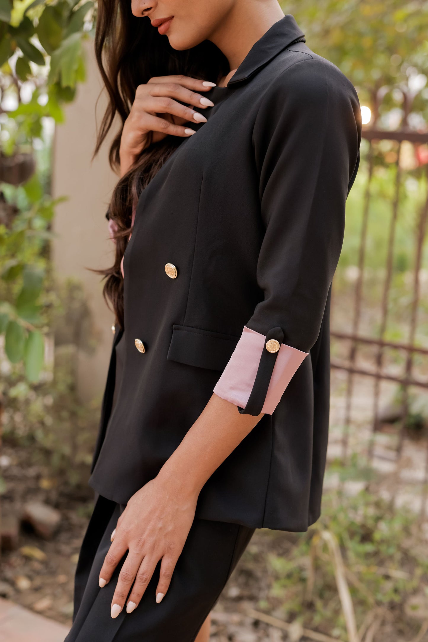 Black Crepe Coat & Pants Co ord set with Satin Peach Cuff detailing and gold buttons EWCO0029-BLKPT