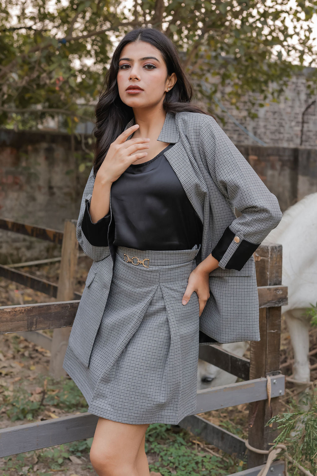 Black and grey woollen houndstooth coat & Pants Co ord set with black satin detailing and gold buttons