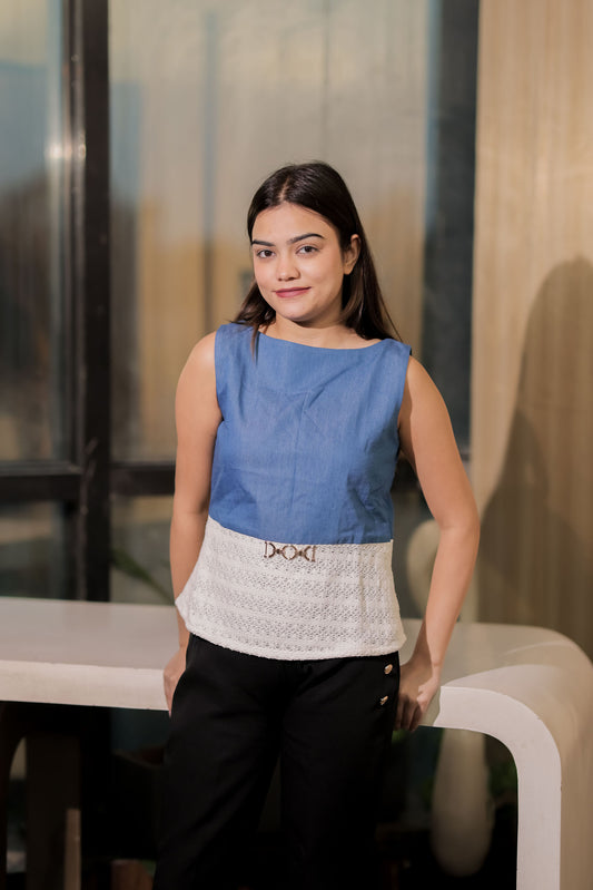 Blue denim and white crotia sleeveless top with gold buckle WTP0032-BLUTC