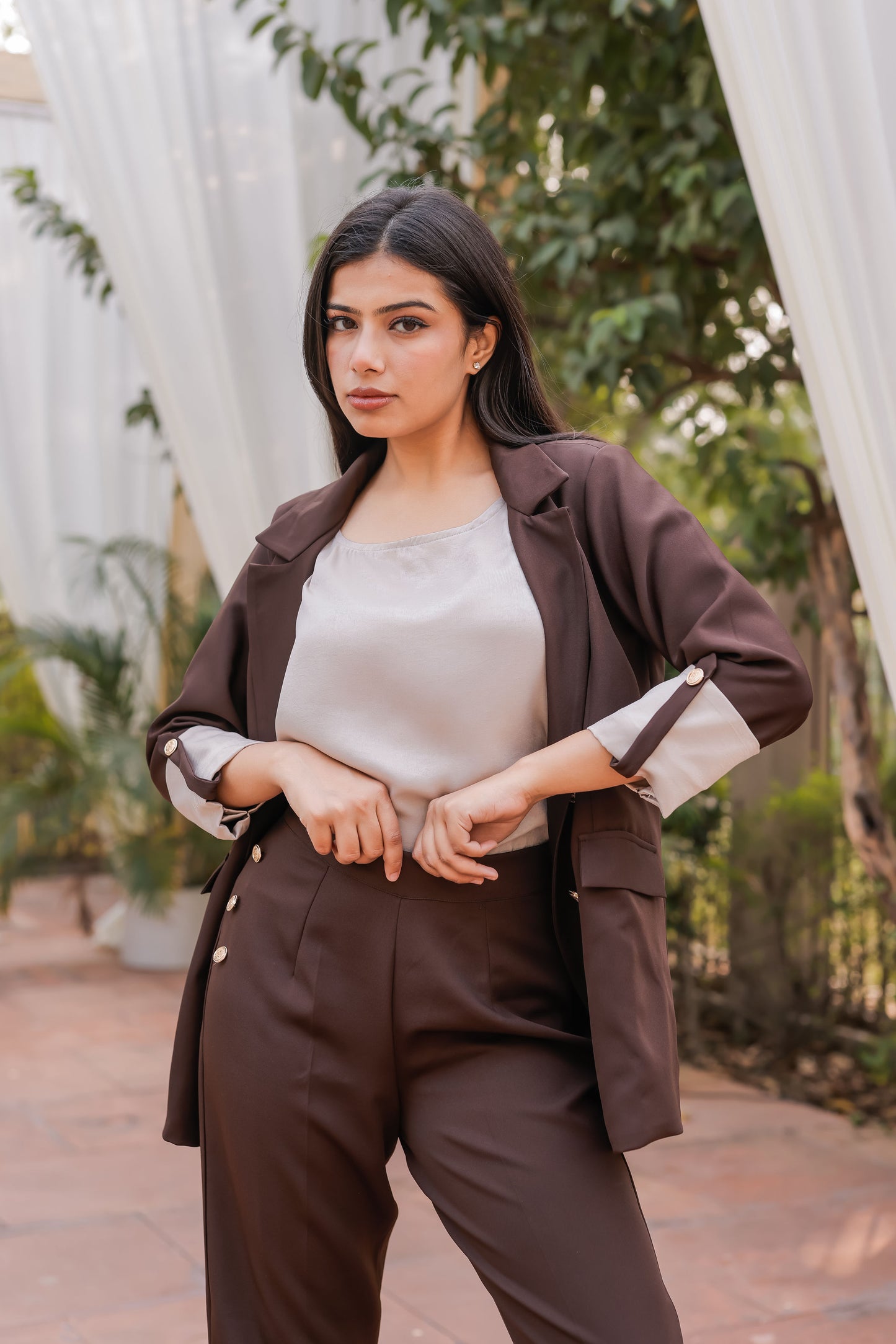 Brown Crepe coat & Pants Co ord set with Cream Satin Detailing on Cuffs and gold butoons EWCO0028-BRNPT