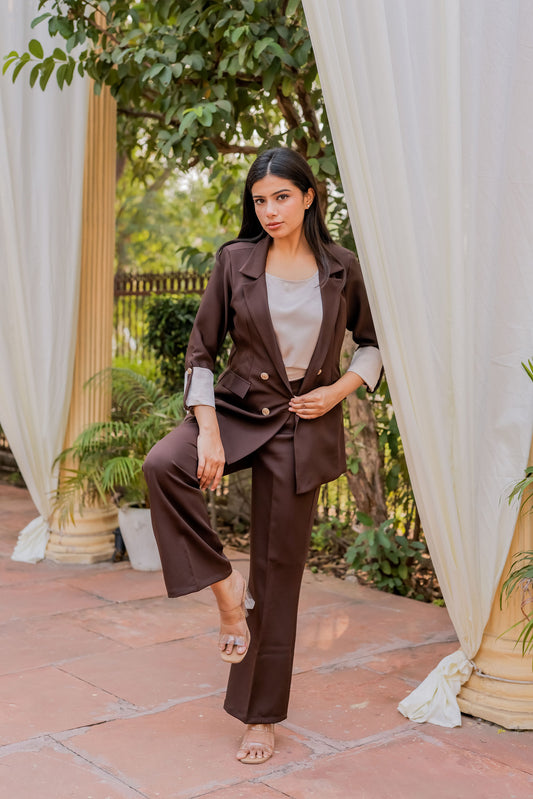 Brown Crepe coat & Pants Co ord set with Cream Satin Detailing on Cuffs and gold butoons EWCO0028-BRNPT