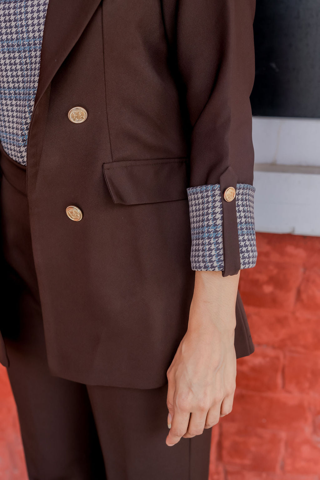 Brown crepe coat with Houndstooth & Pants Co ord set cuff detailing and gold buttons EWCO0031-BRNPT
