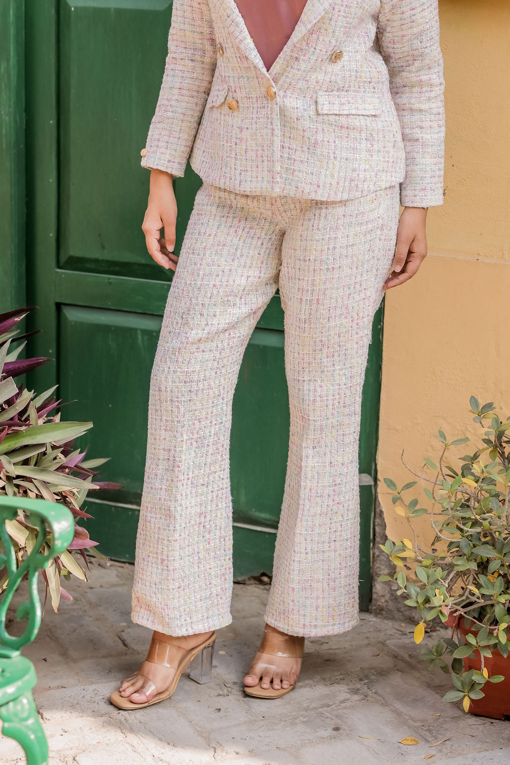 Colourful tweed pants with gold buttons detailing ESWPA0026-CLRGB