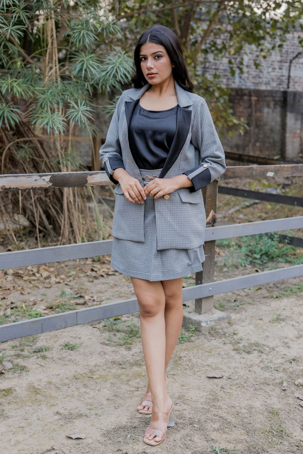Black & grey Houndstooth short skirt ESWSK0006-BLKGB