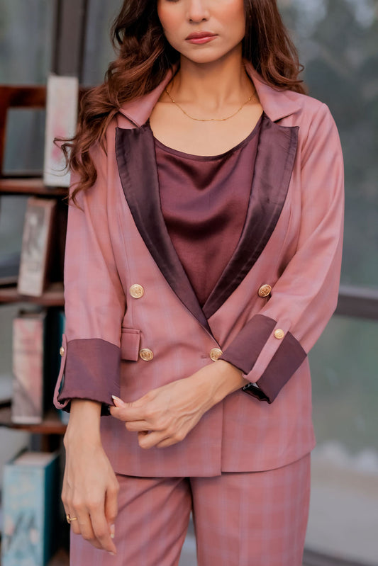 Mauve check coat with wine satin detailing with gold buttons & Pants Co ord set EWCO0039-MAUPT