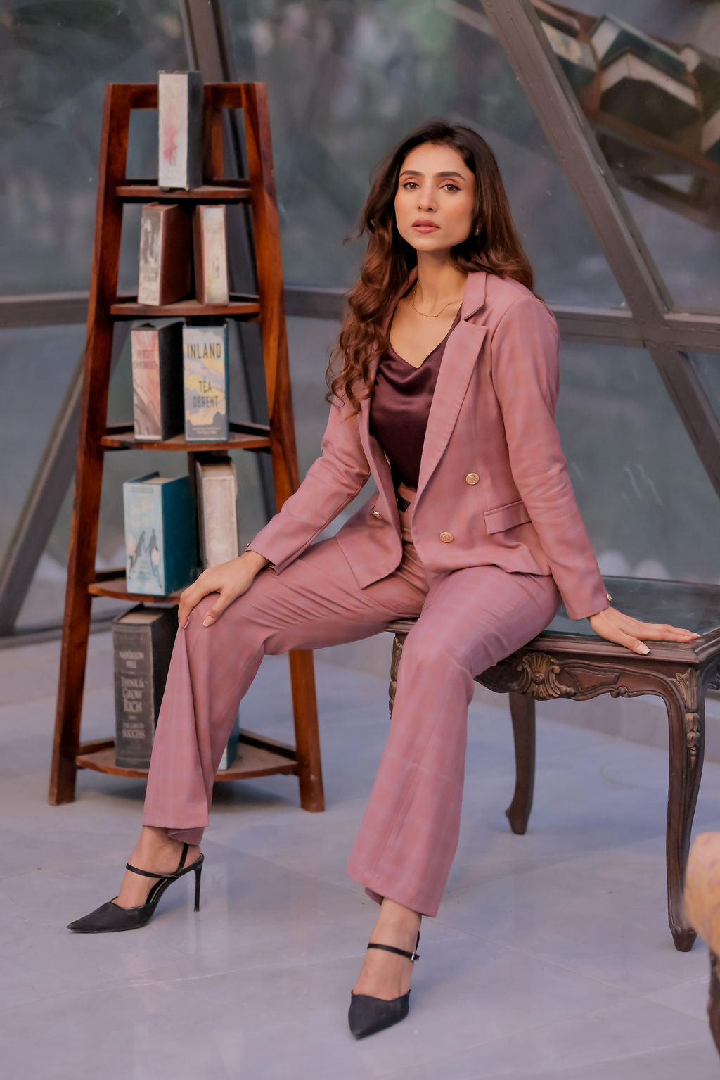 Mauve check formal pants with gold buttons detailing ESWPA0023-MAUGB