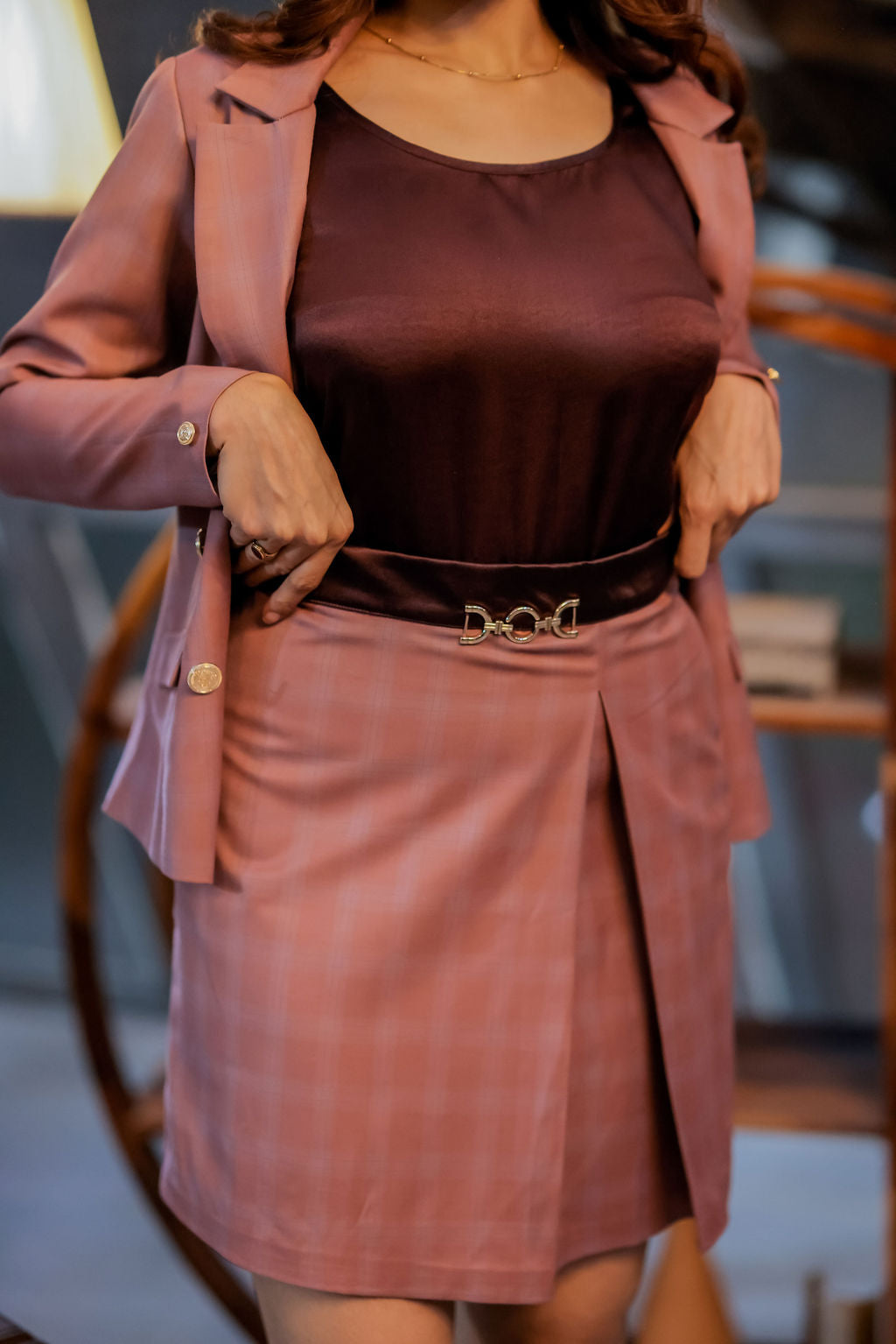 Mauve check coat with wine satin detailing with gold buttons & Skirt Co ord set EWCO0039-MAUSK