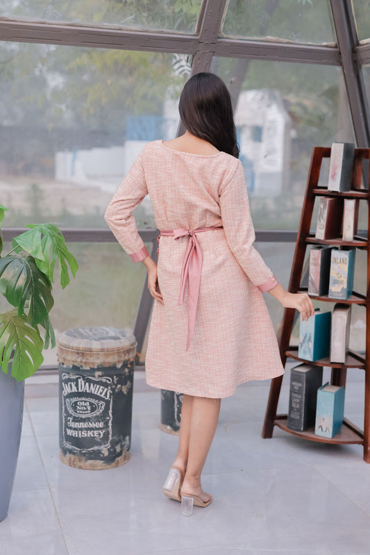 Peach tweed dress with satin belt with gold buckle ESWDR0028-PEABT
