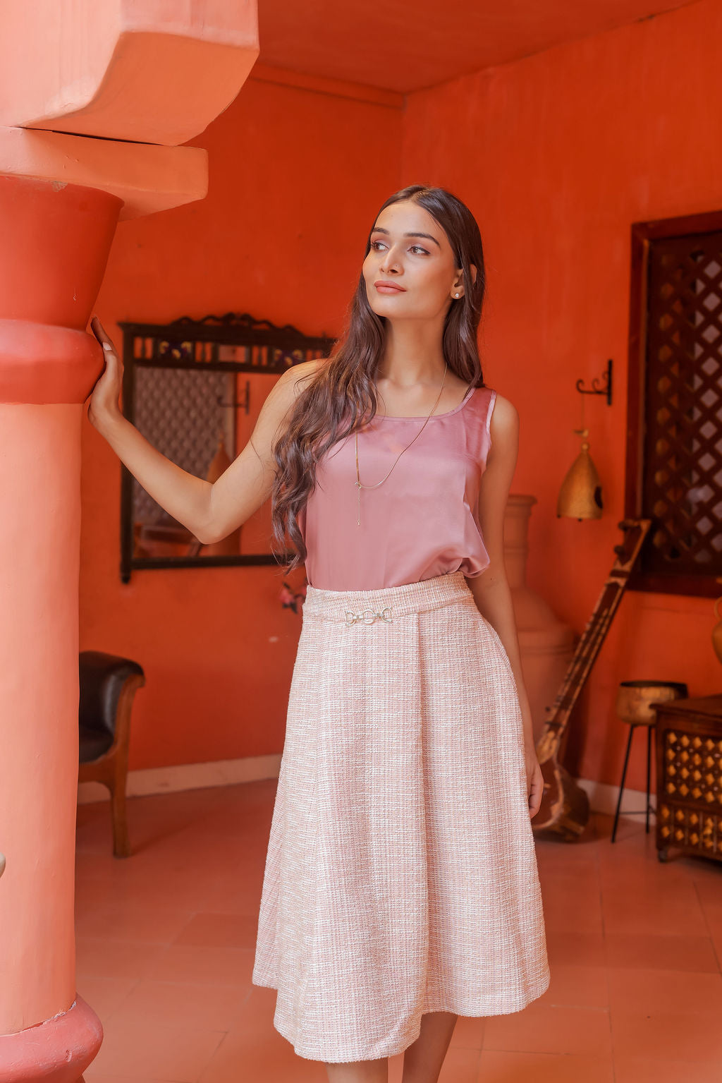 Peach tweed long skirt with gold buckle detailing ESWSK0016-PEAGB