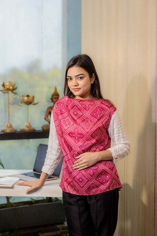 Pink Jaipuri top with white crotia sleeves and gold buttons-Esseneur