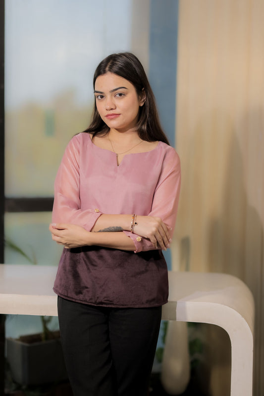 Pink organza top with half velvet and gold buckle with quarter sleeves - esseneur.