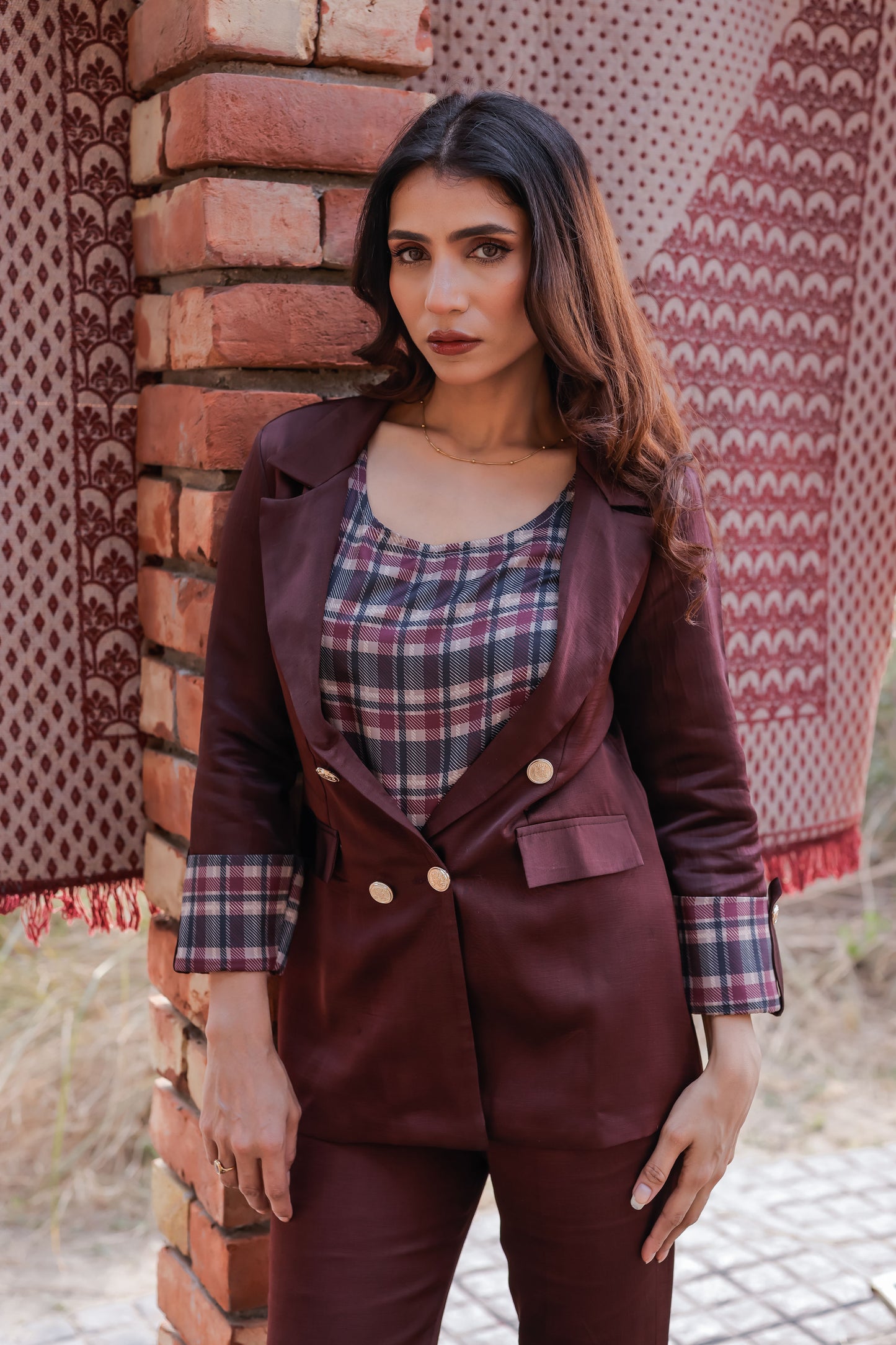 Wine linen satin premium coat & Pants Co ord set with check detailing cuffs with gold buttons EWCO0032-WINPT
