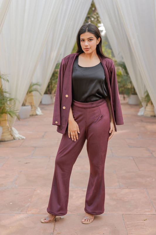 Wine velvet straight pants with gold buttons detailing ESWPA0029-WINGB