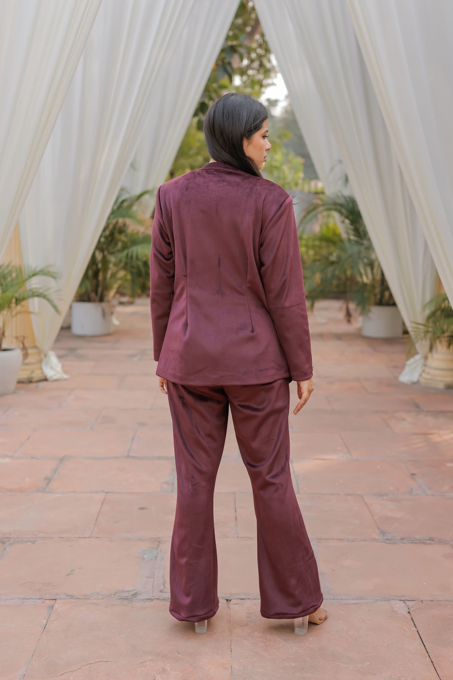 Wine velvet straight pants with gold buttons detailing ESWPA0029-WINGB
