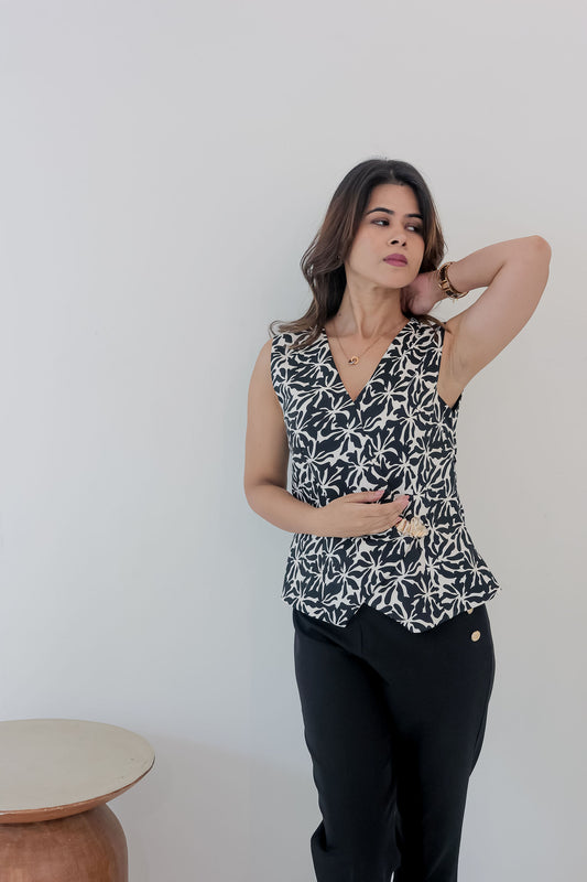 Black printed waistcoat with gold applique
