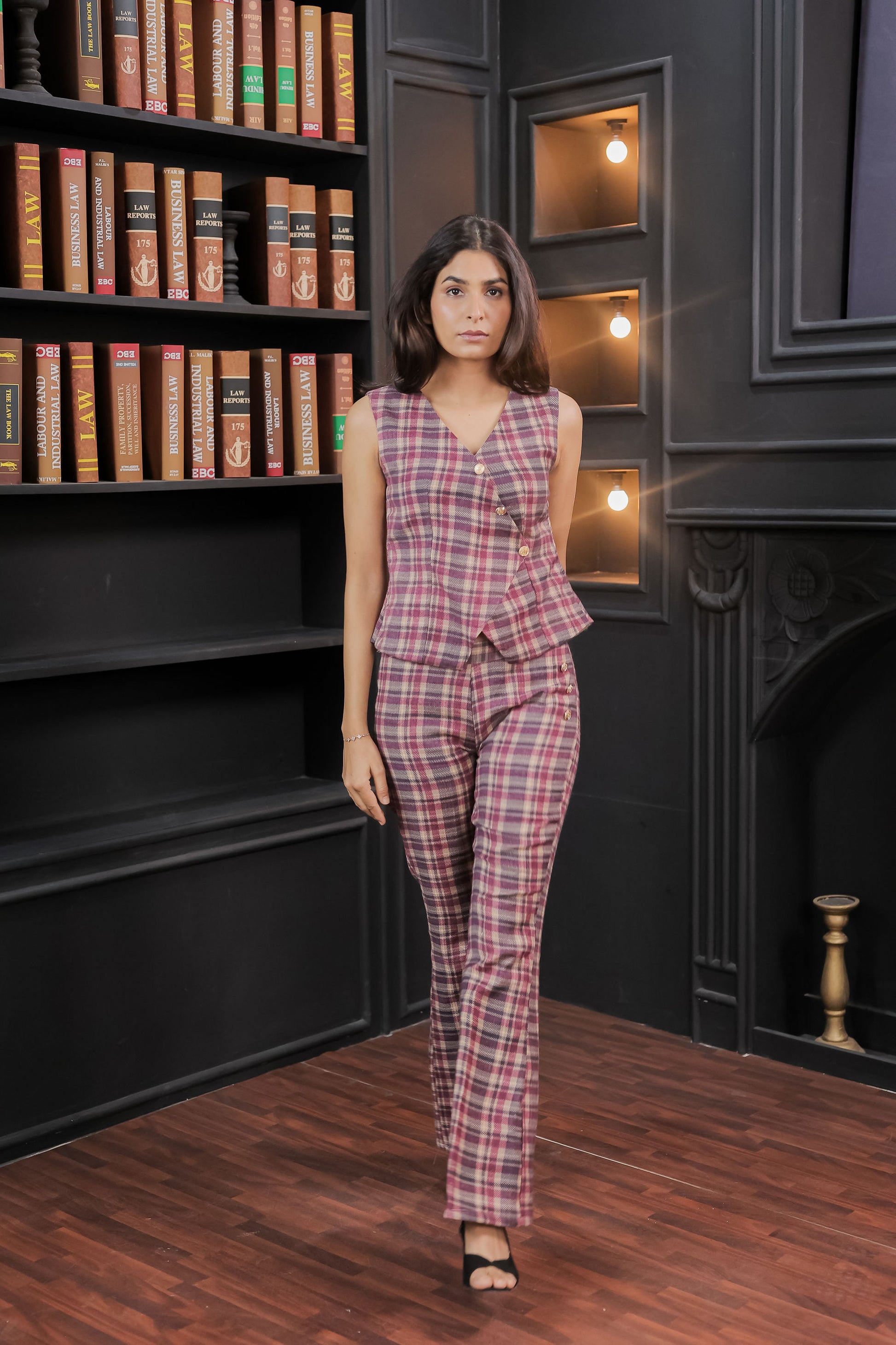 maroon check waistcoat with gold buttons - esseneur.