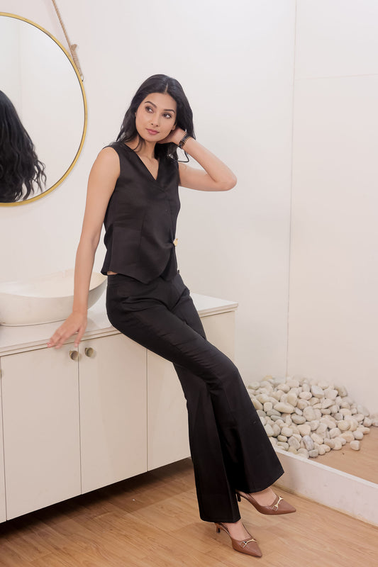 Black linen waist coat with gold applique EWTP0066-BLKGA