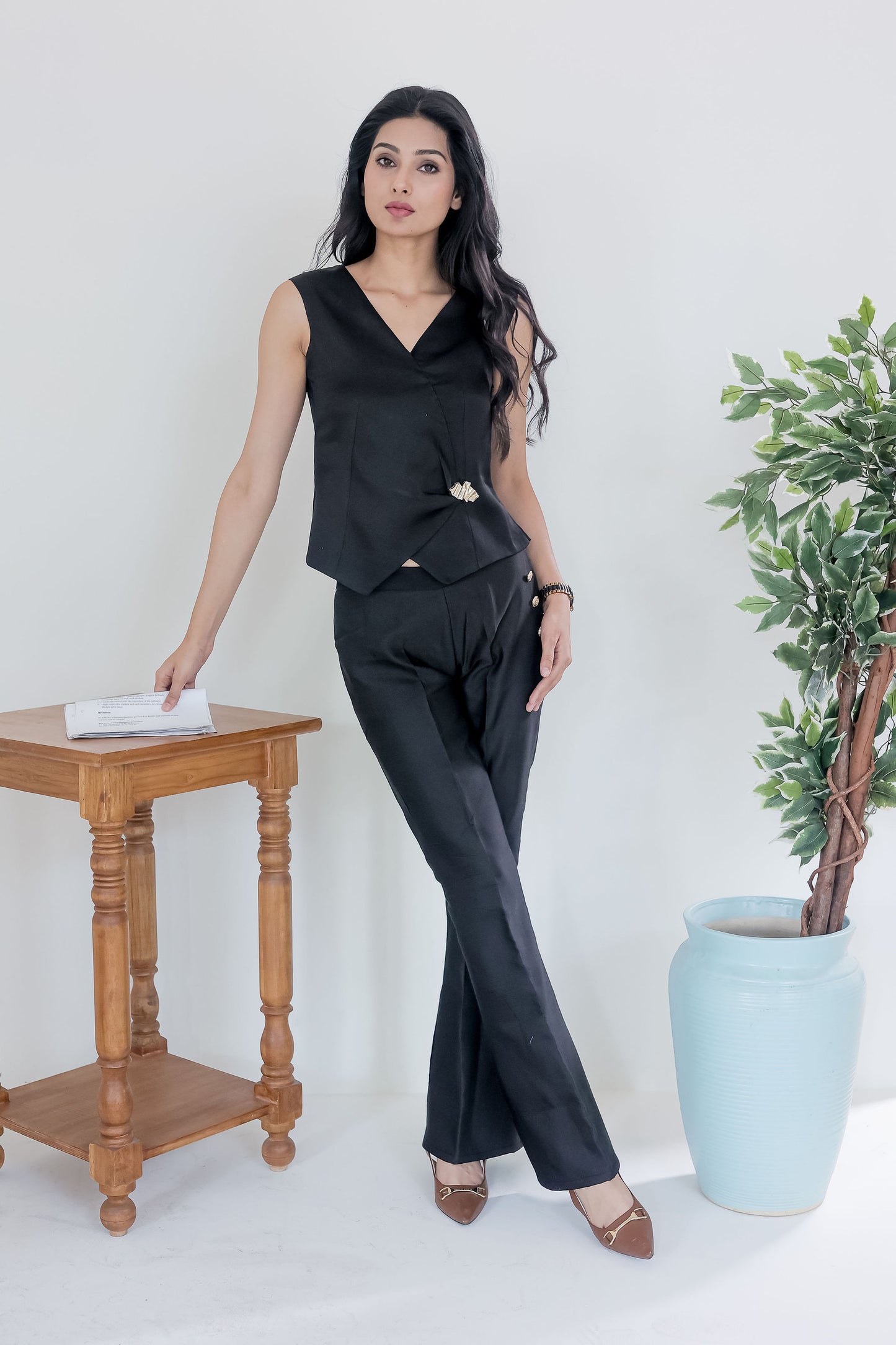 Black linen waist coat with gold applique EWTP0066-BLKGA