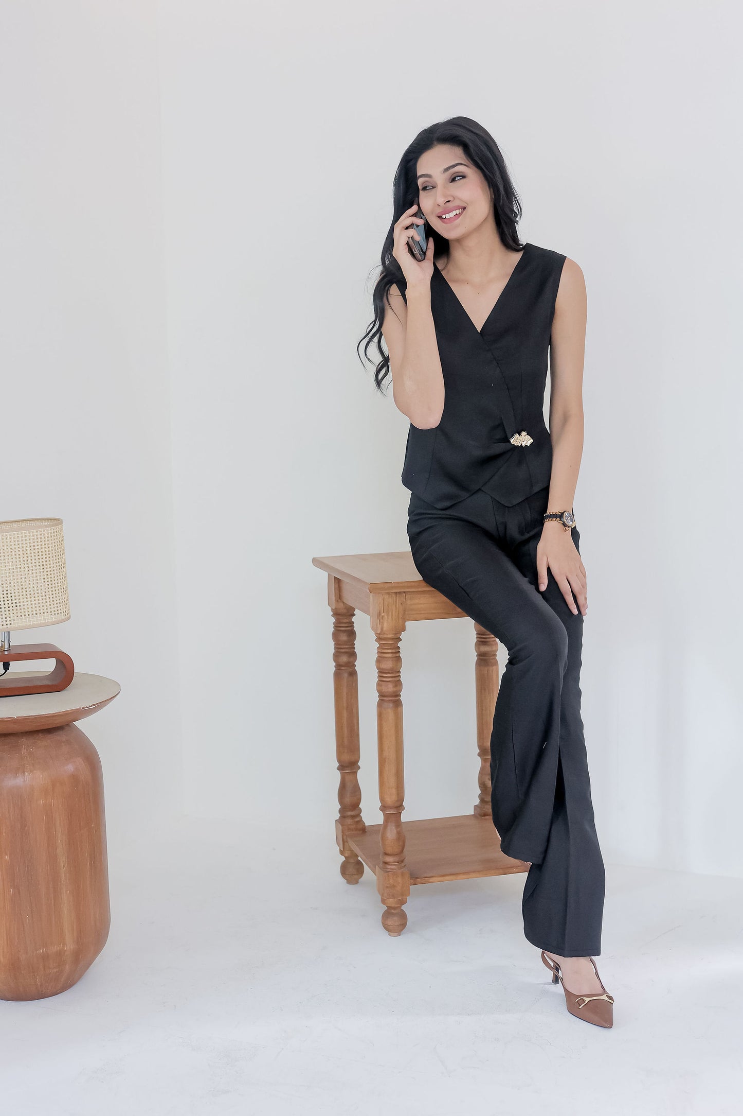 Black linen waist coat with gold applique EWTP0066-BLKGA