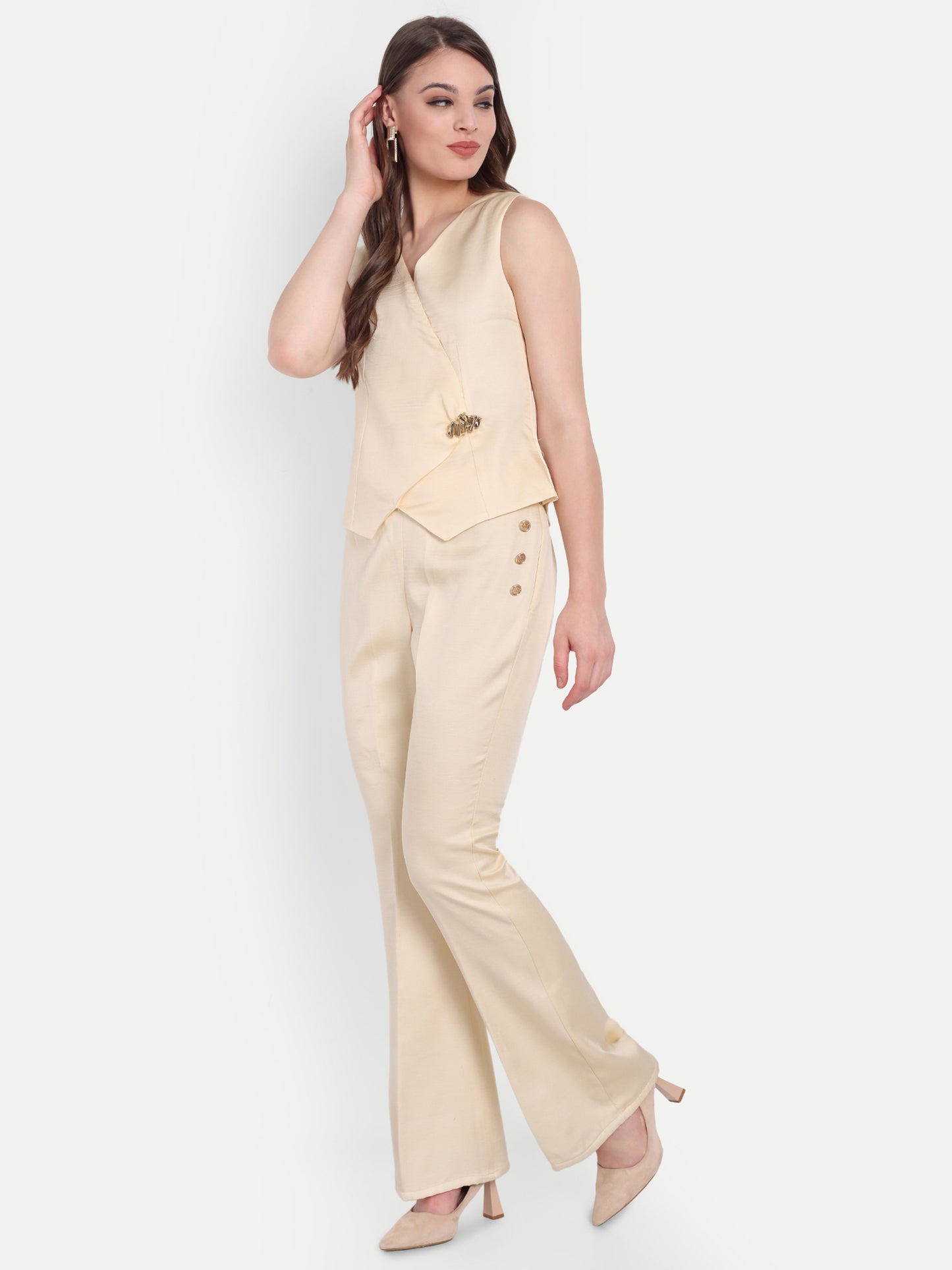 Cream Linen Co ord set with gold APPLIQUE ESWCO0002-CRMGA