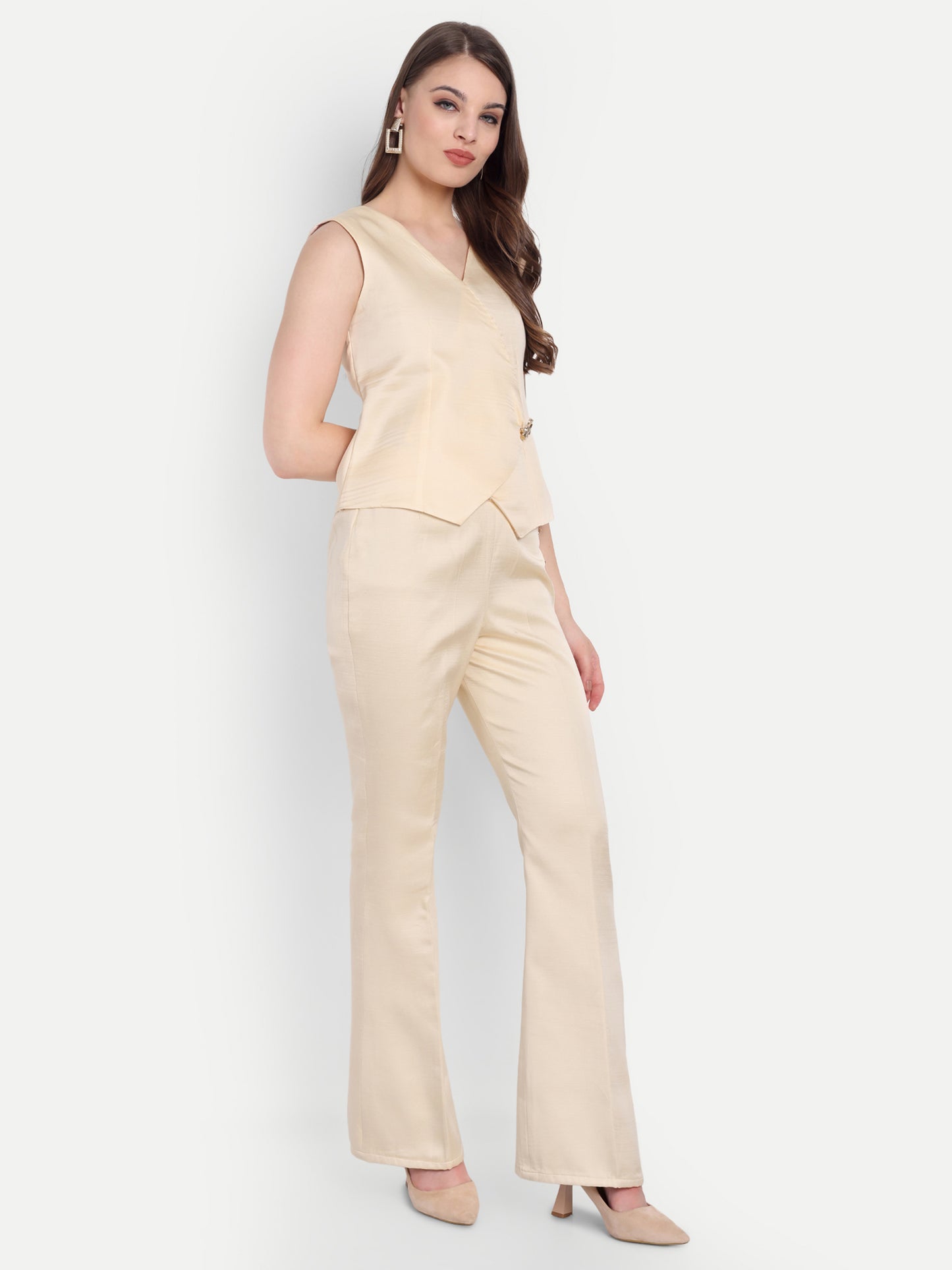 Cream Linen Co ord set with gold APPLIQUE ESWCO0002-CRMGA