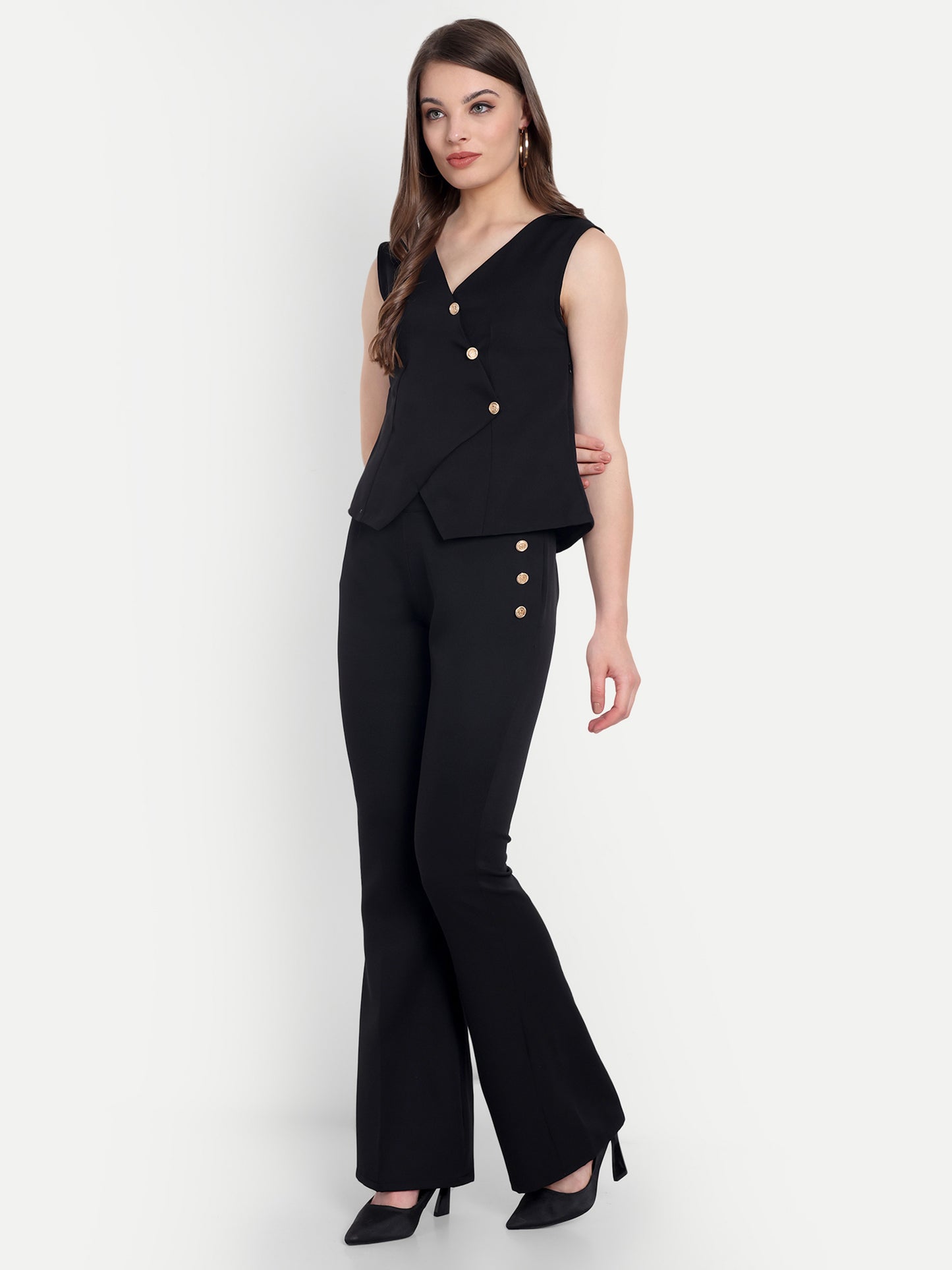 Black crepe waistcoat top with gold buttons detailing EWTP0063-BLKGB