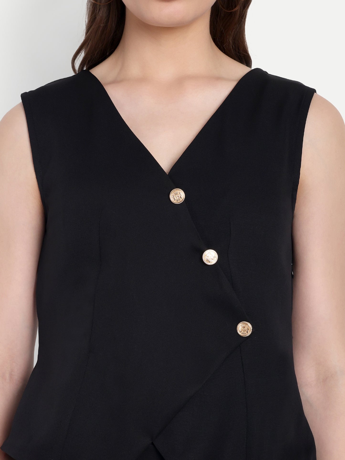 Black crepe waistcoat top with gold buttons detailing EWTP0063-BLKGB