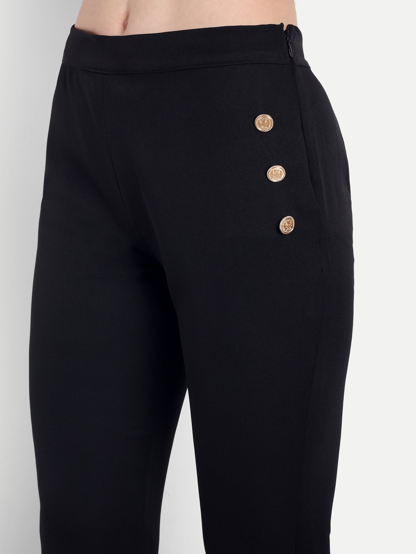 Black crepe waistcoat top with gold buttons detailing EWTP0063-BLKGB