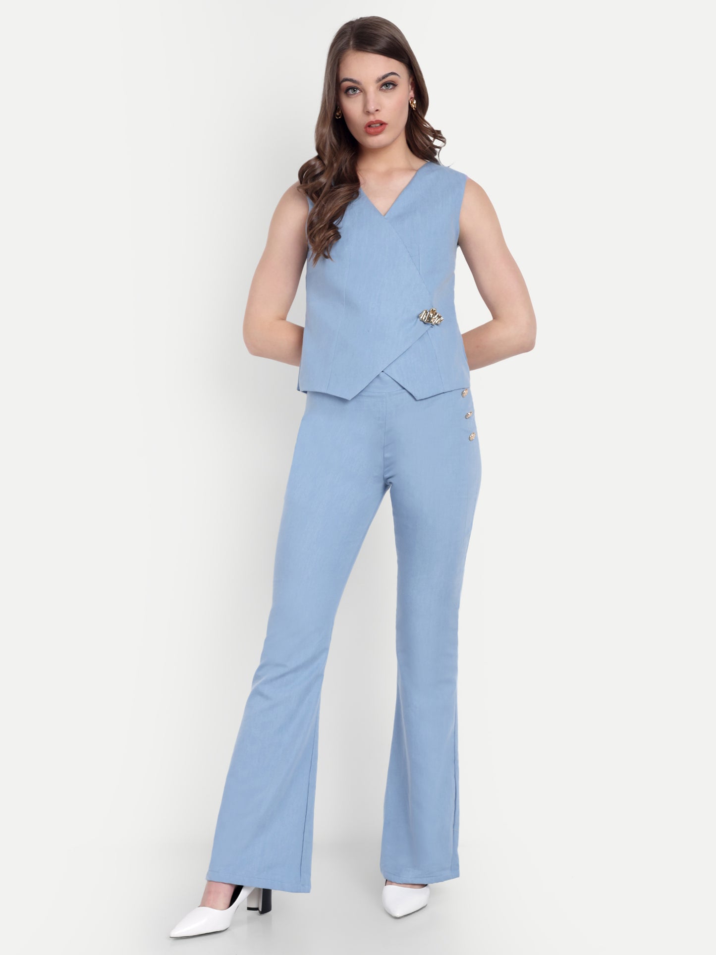 Light blue denim waist coat with gold applique EWTP0067-BLUGA