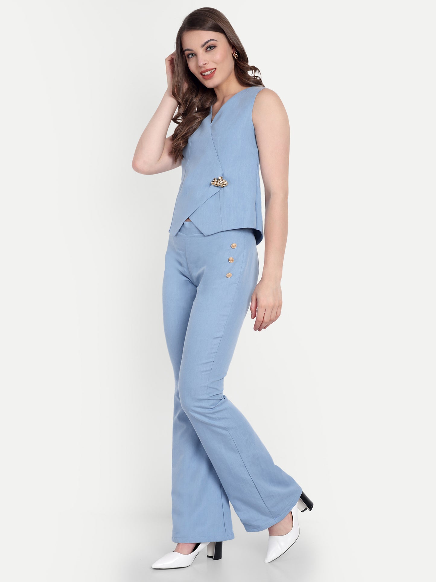 Light blue denim waist coat with gold applique EWTP0067-BLUGA