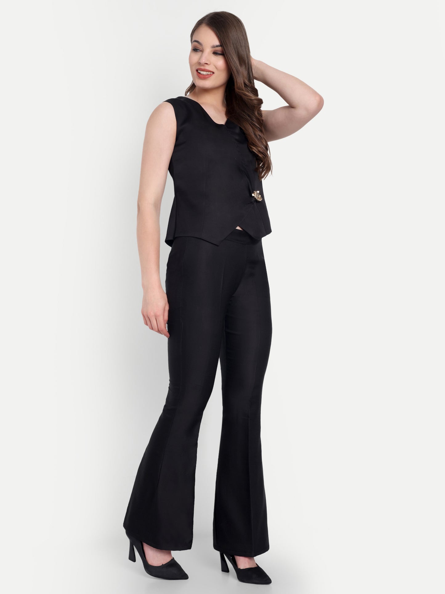 Black linen waist coat with gold applique EWTP0066-BLKGA