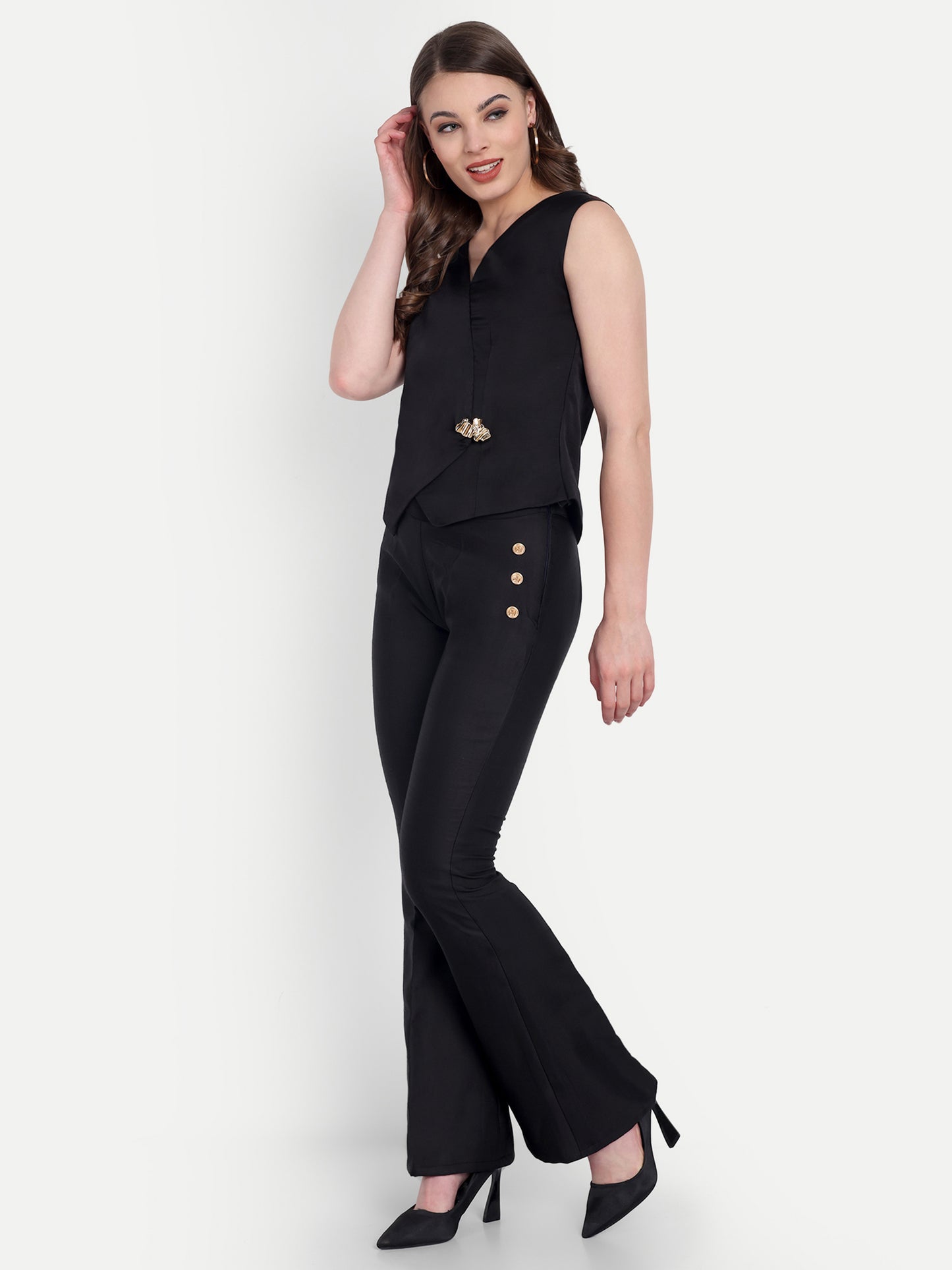 Black linen satin pants with gold buttons ESWPA0011-BLKGB