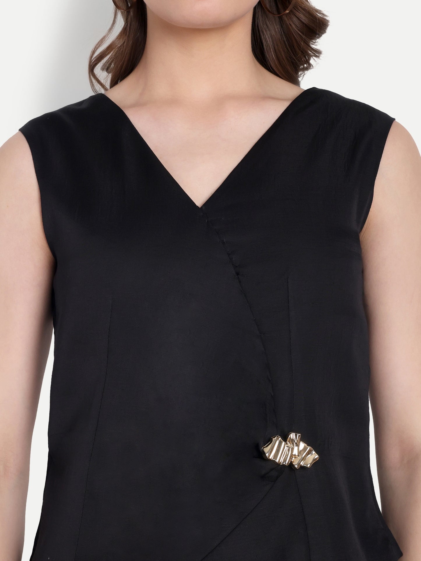 Black linen waist coat with gold applique EWTP0066-BLKGA