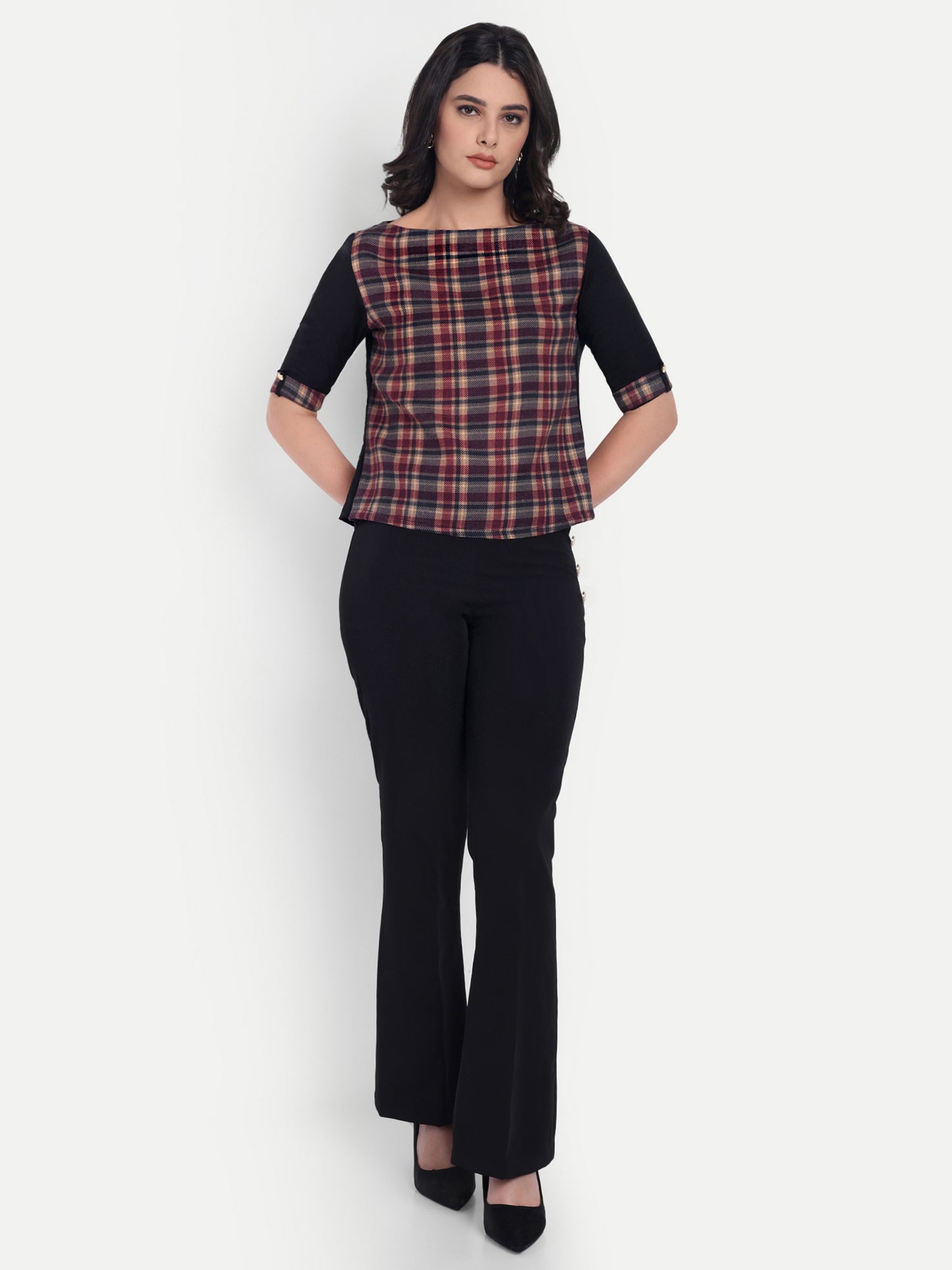 Maroon check top with black quarter sleeves EWTP0050-MRNBL