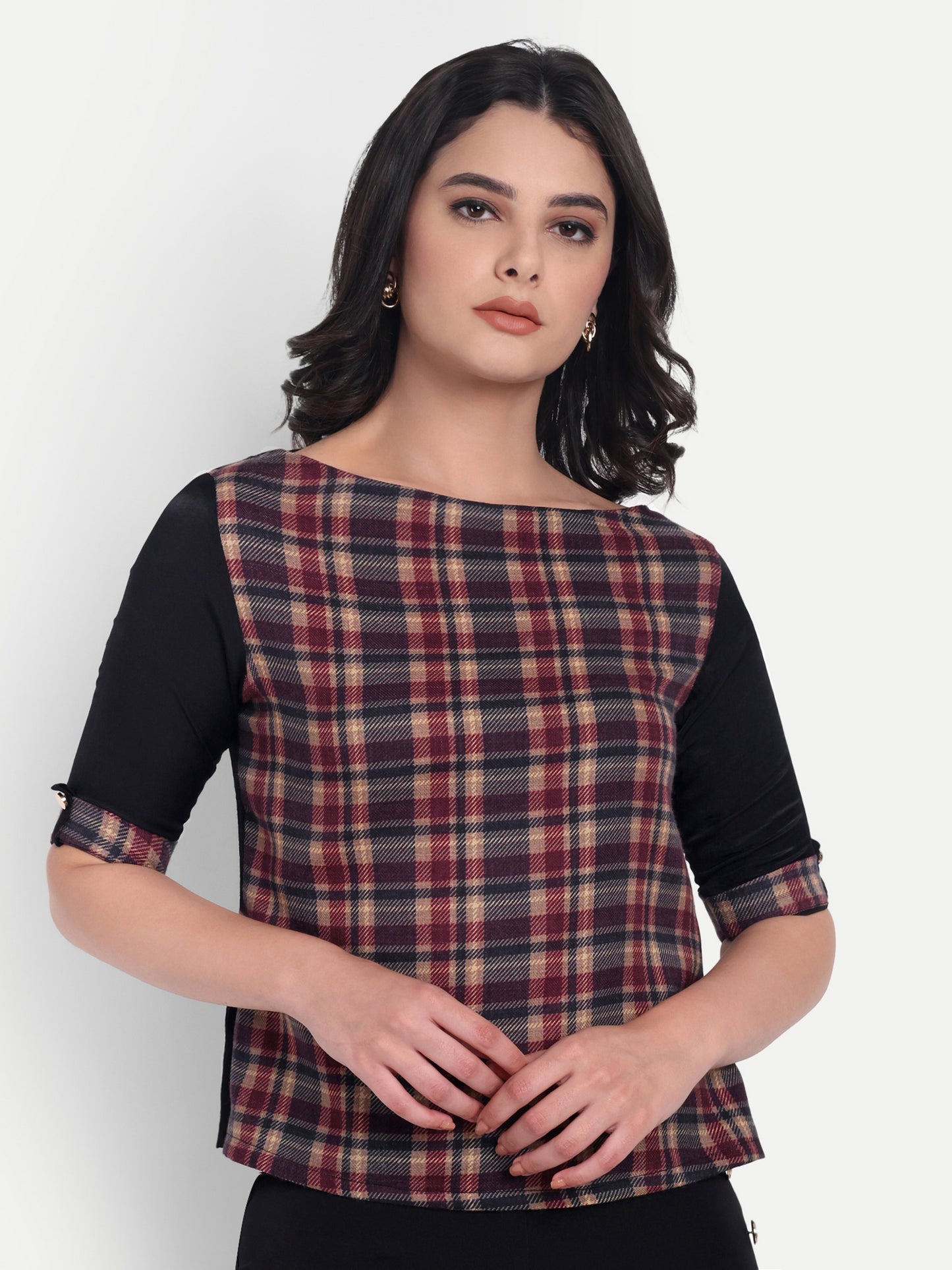 Maroon check top with black quarter sleeves EWTP0050-MRNBL