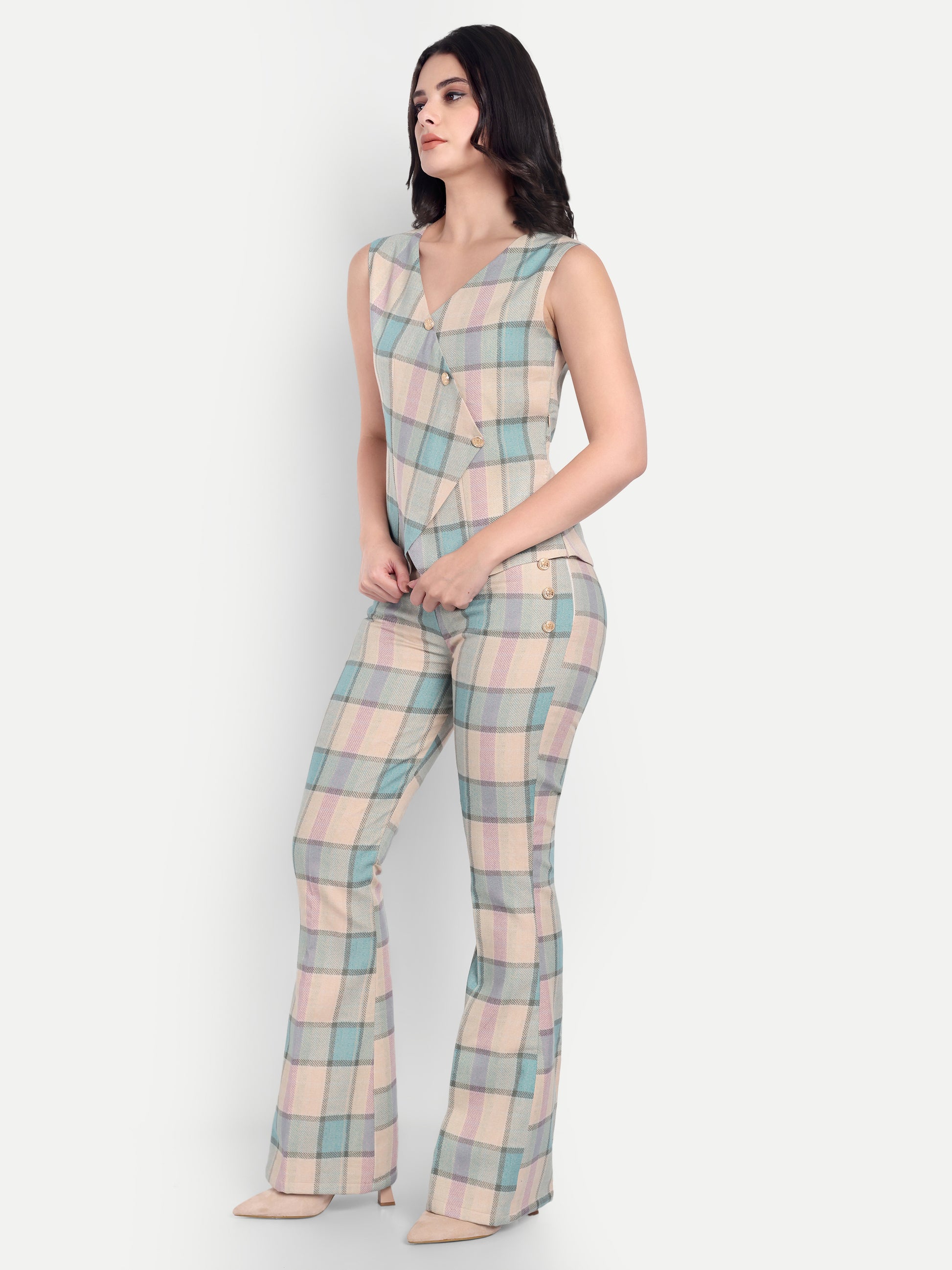 Cream Check print cream co ord set - esseneur.