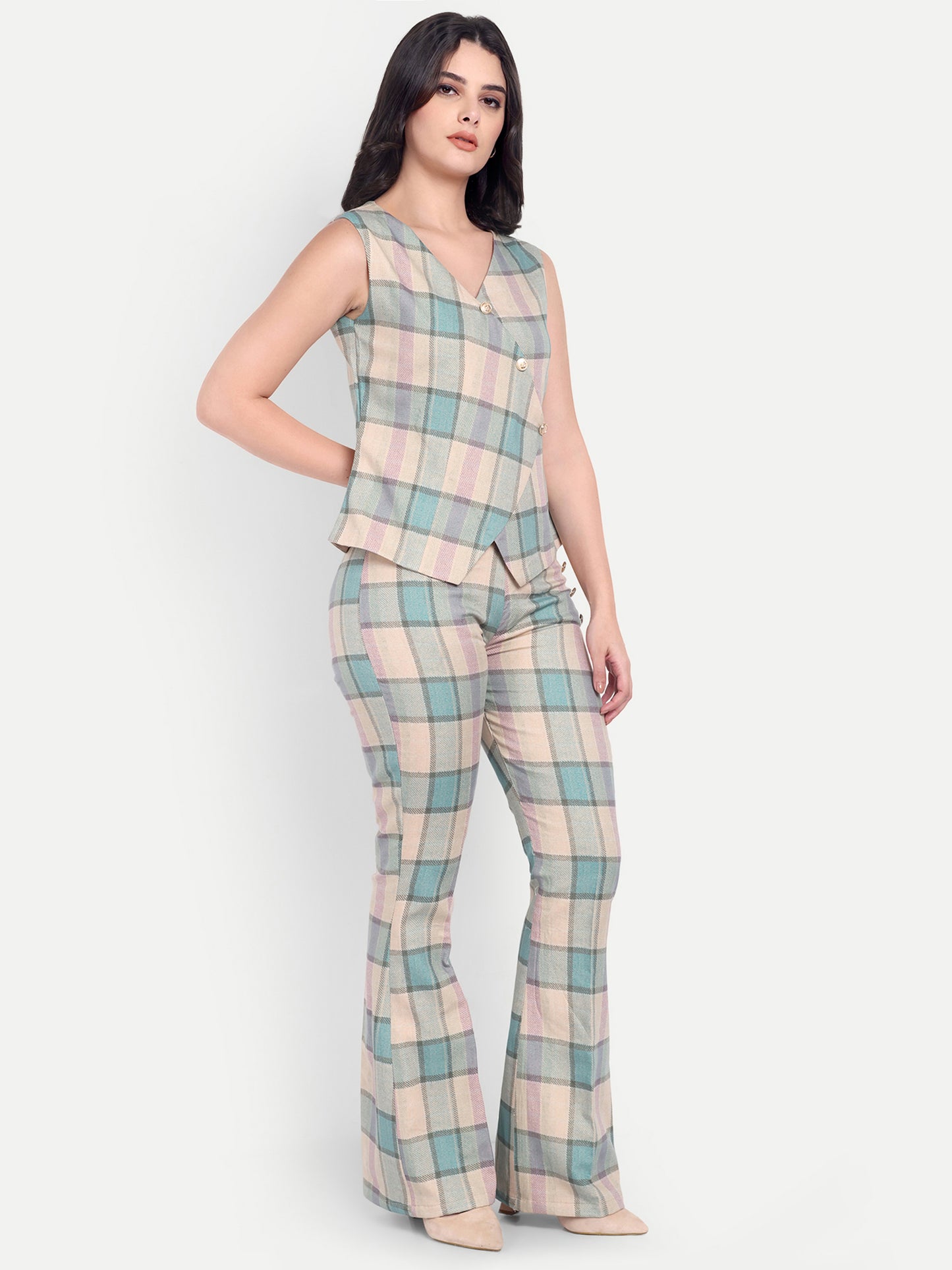 Cream Check print cream co ord set - esseneur.