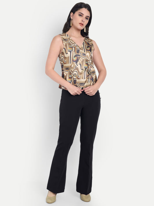 Tusser printed abstract waistcoat with gold applique top EWTP0045-BRNTS
