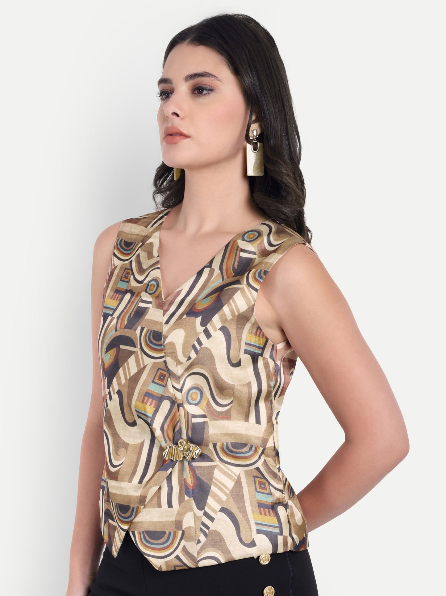 Tusser printed abstract waistcoat with gold applique top EWTP0045-BRNTS