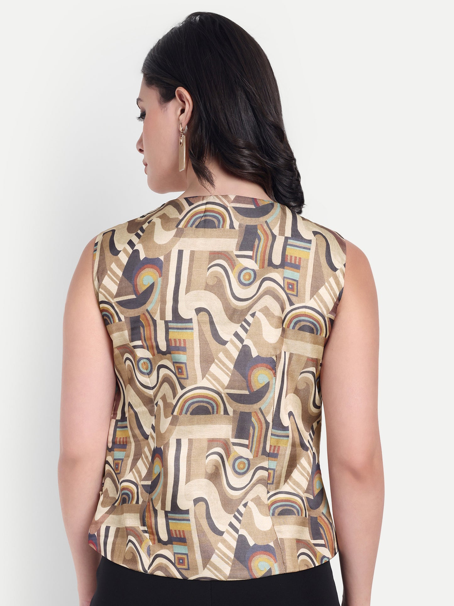 Tusser printed abstract waistcoat with gold applique top EWTP0045-BRNTS