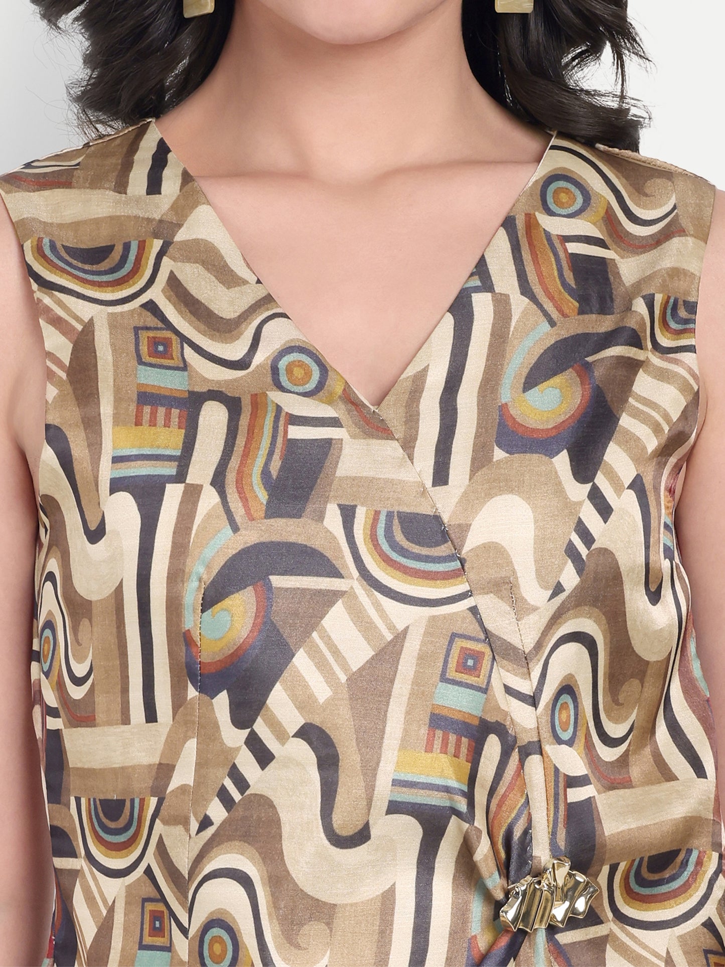 Tusser printed abstract waistcoat with gold applique top EWTP0045-BRNTS