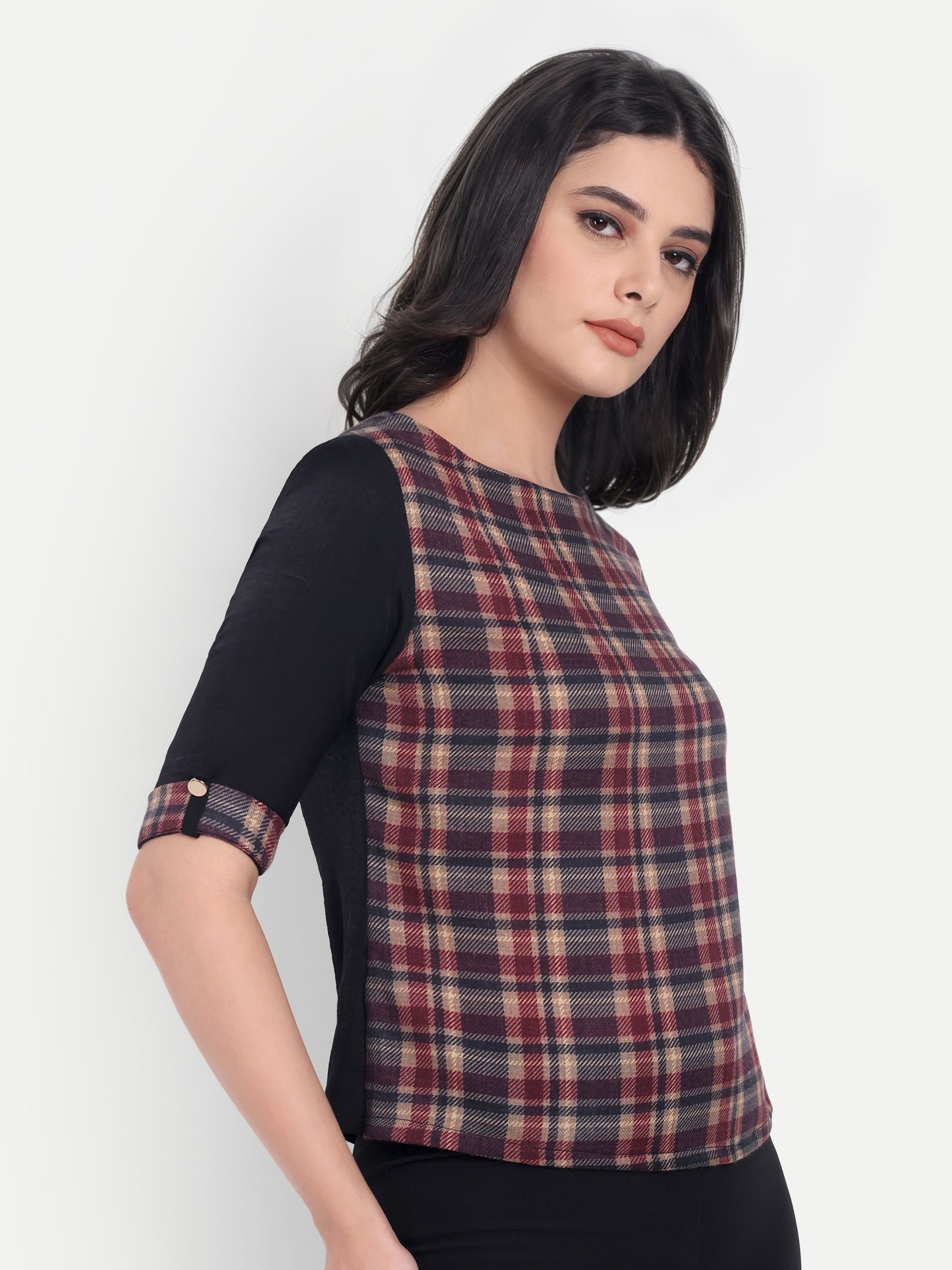 Maroon check top with black quarter sleeves EWTP0050-MRNBL