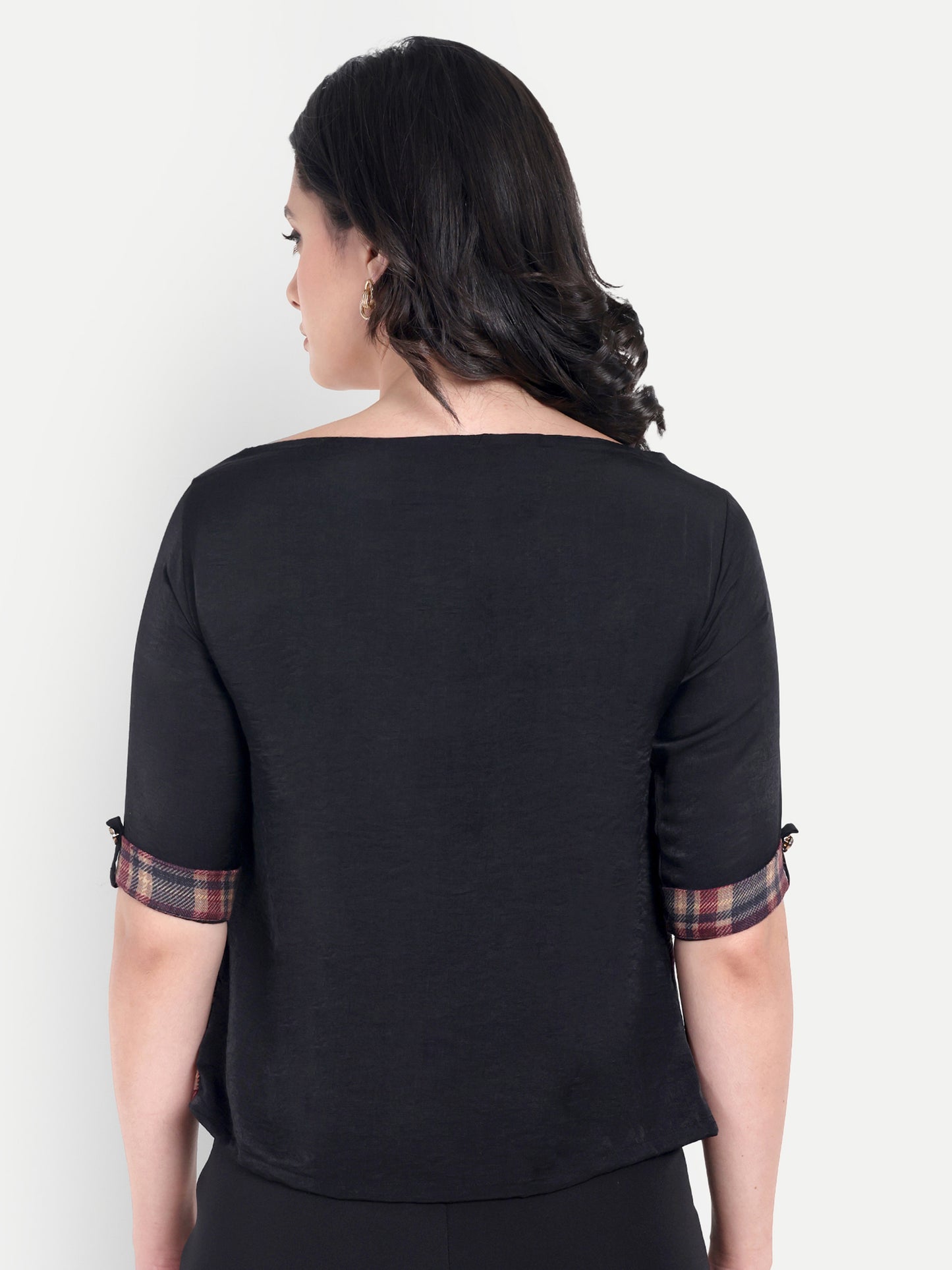 Maroon check top with black quarter sleeves EWTP0050-MRNBL