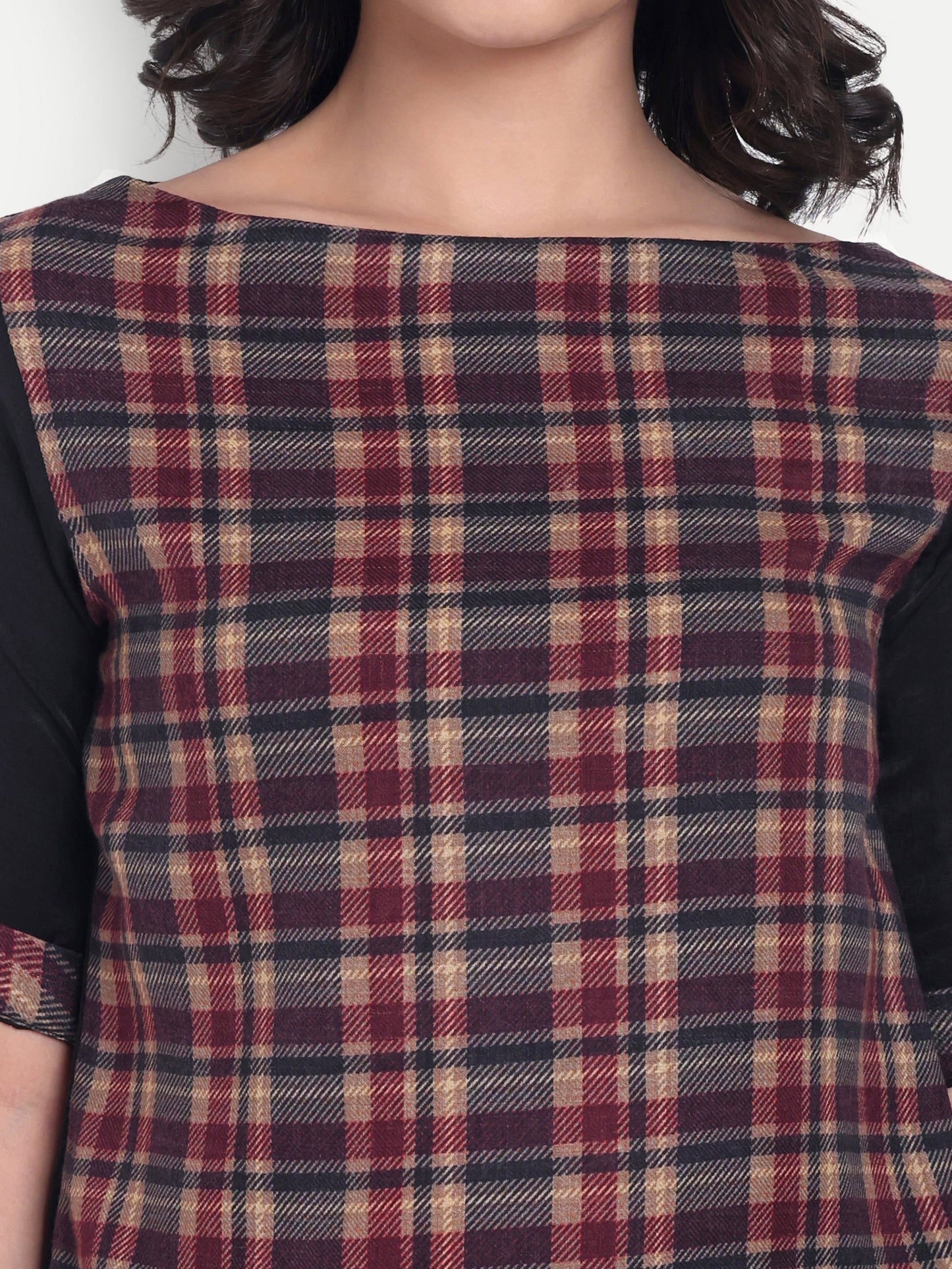 Maroon check top with black quarter sleeves EWTP0050-MRNBL