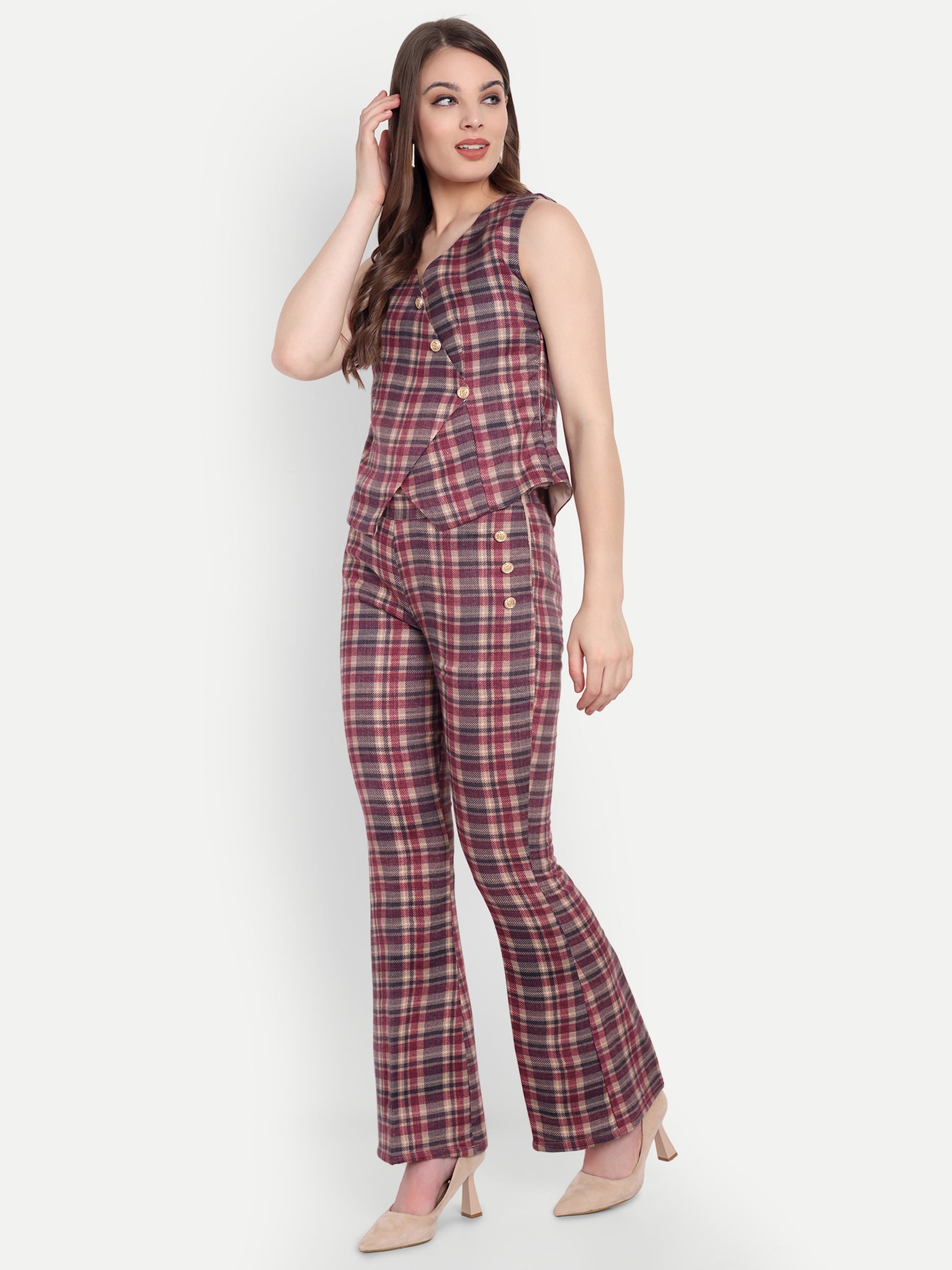 maroon check waistcoat with gold buttons - esseneur.