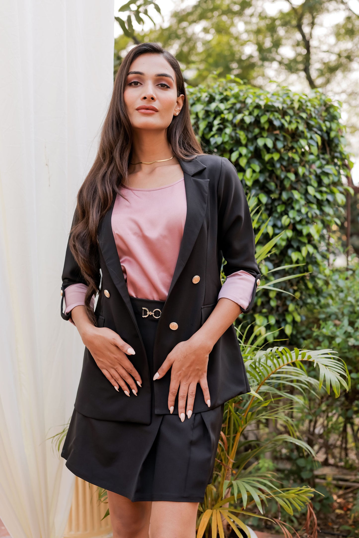 Black Crepe Coat with Satin Peach Cuff detailing and gold buttons EWCT0004-BLKGB