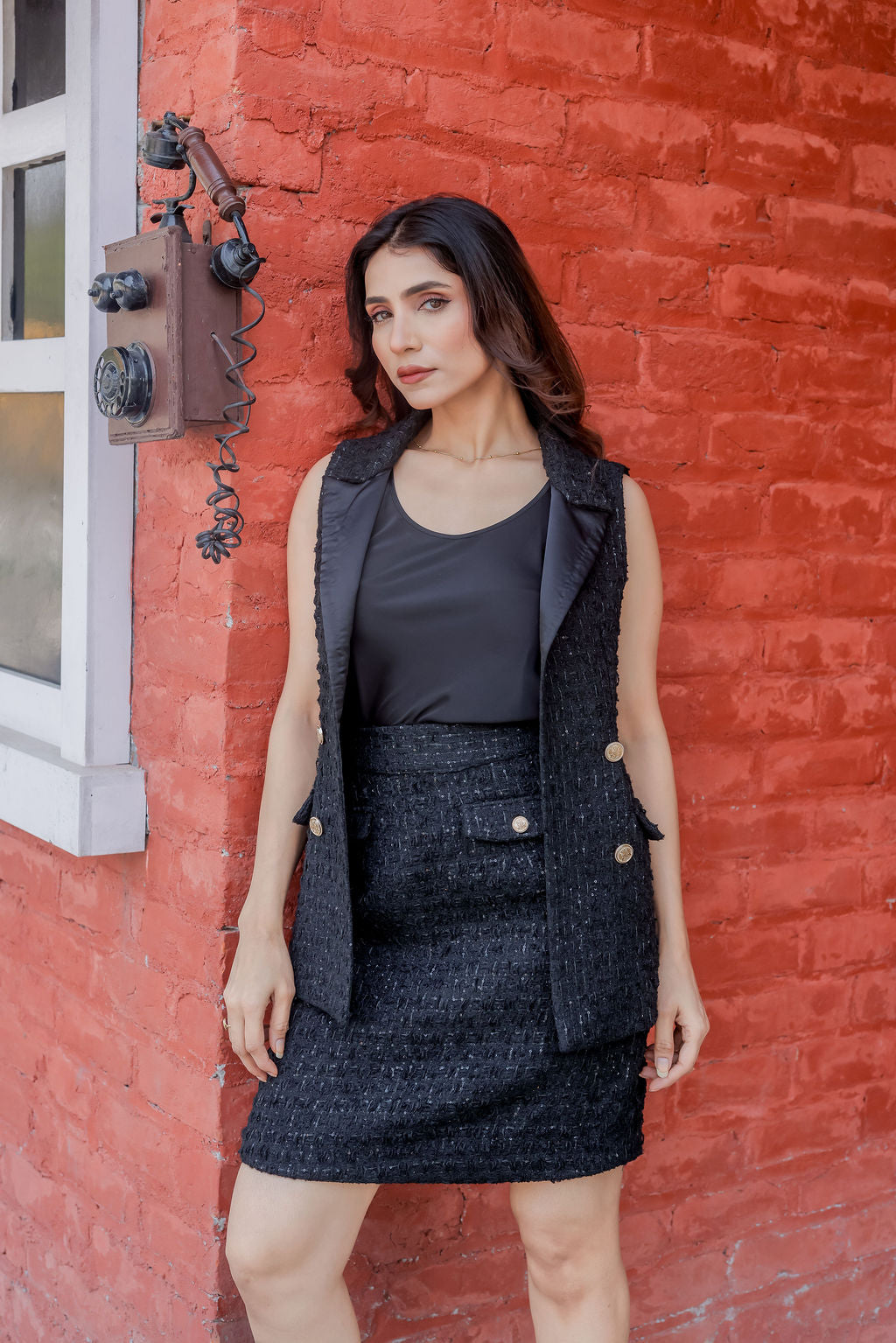 Black Tweed waistcoat with gold buttons ESWWT0002-BLKGB